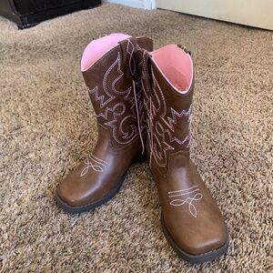 Wonder Nation Girls Cowgirl Boots Sz.1 Square Toe Brown w/ Pink Stitching New